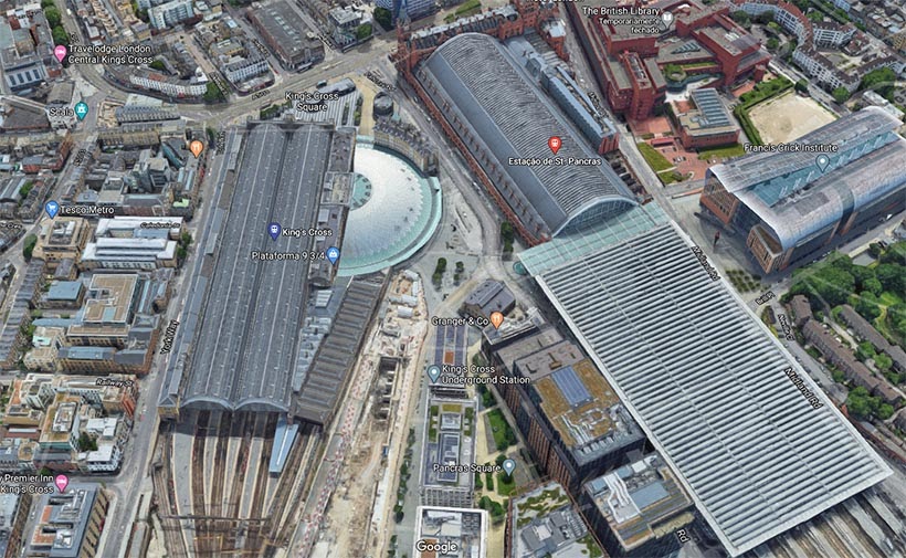 Estação King's Cross (à esquerda), em Londres, onde fica a plataforma 9 3/4